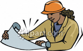 Professional Engineer Reviewing Construction Blueprints - Vector Illustration