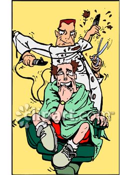 A cartoon barber aggressively cuts a terrified customer’s hair with clippers and scissors mid-air, chaos erupting around them.
