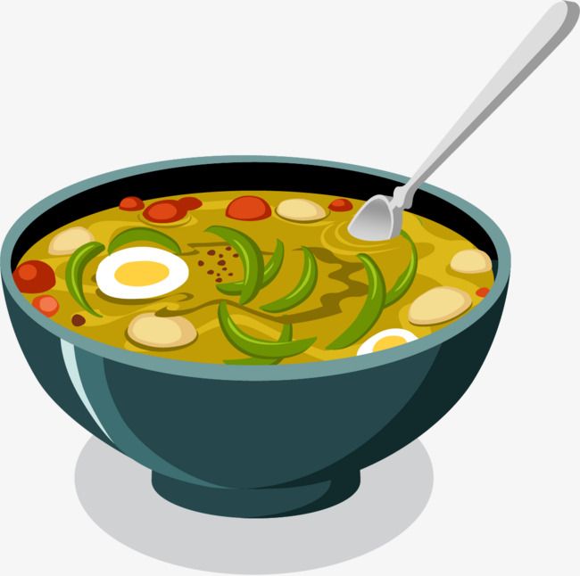A steaming bowl of yellow curry soup with boiled eggs, green beans, cherry tomatoes, and tofu, served with a spoon.
