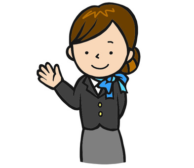 Smiling female flight attendant in uniform waving, wearing blue scarf and gray suit.