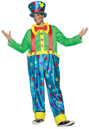 Man in colorful clown costume with star-patterned hat, green shirt, red suspenders, and blue pants with stars.