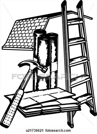 Roofing tools and materials including shingles, hammer, ladder, and roll roofing on a workbench.