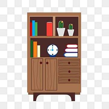 Wooden bookshelf with books, cacti, clock, and drawers on transparent background.