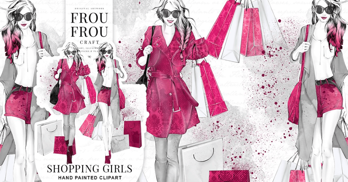 Shopping Girls Clipart - Hand-Painted Fashion Illustration Collection