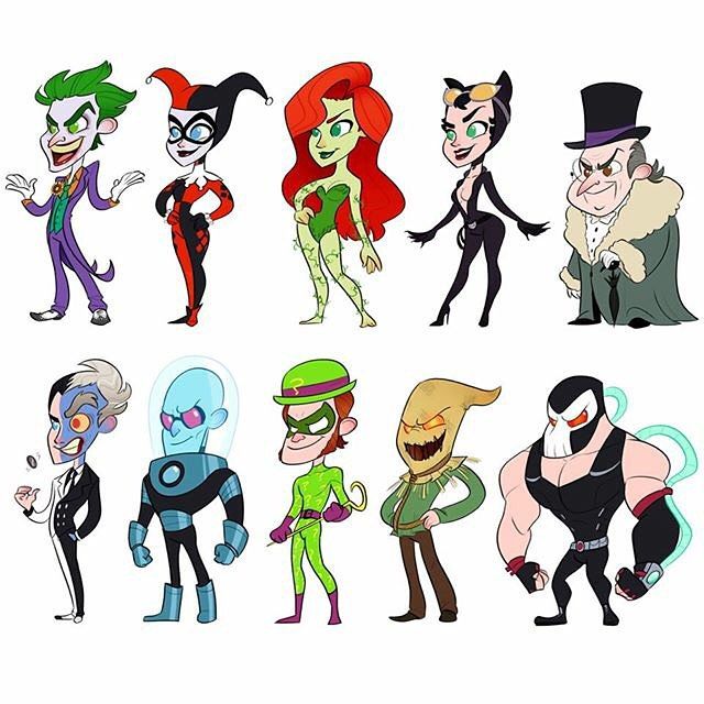 Ten stylized DC Comics villains including Joker, Harley Quinn, Poison Ivy, Catwoman, Penguin, Two-Face, Mr. Freeze, Riddler, Scarecrow, and Bane.