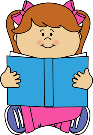 Smiling girl with pigtails and pink bows reading a blue book.
