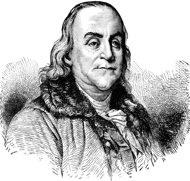 Engraved portrait of Benjamin Franklin with long curly hair and fur-trimmed coat, 18th-century style.