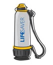 Lifesaver portable water purifier bottle with yellow accents and black base, featuring integrated strap and filter system.