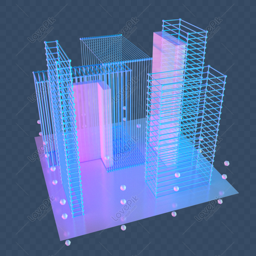 Futuristic wireframe cityscape with glowing blue and pink neon structures on a reflective base, surrounded by floating spheres.