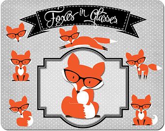 Orange foxes wearing glasses in playful poses on a gray polka-dot background with decorative banner and frame.