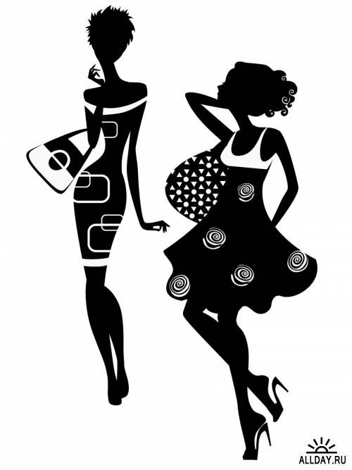 Silhouette of two stylish women in fashionable dresses and high heels, one holding a patterned bag.