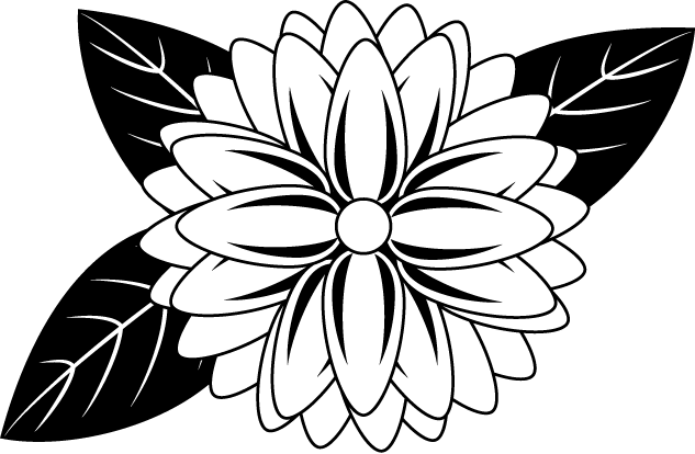 Black and white stylized floral illustration with layered petals and delicate leaf accents on a dark background.