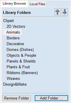 Library Browser interface showing folder categories like Animals, Borders, and Design&Make with Add/Remove Folder buttons.