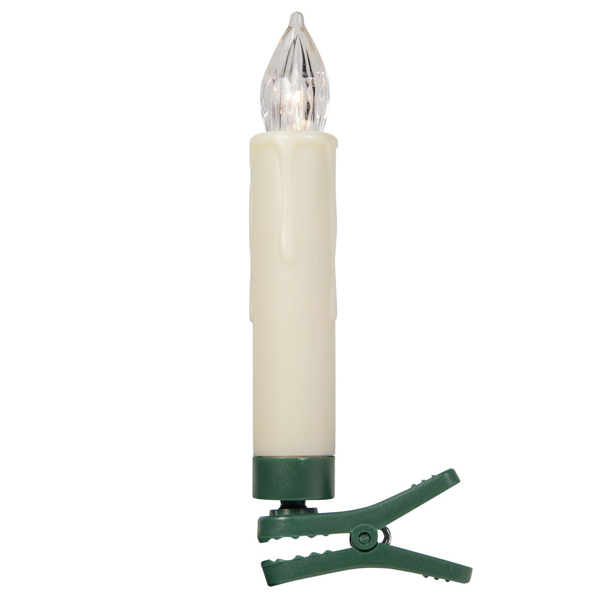 LED candle-style Christmas light with green clip-on base, ivory wax body and faceted flame tip.