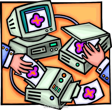 Hands inserting and retrieving floppy disks into vintage computers with purple cross symbols on screens and disks.