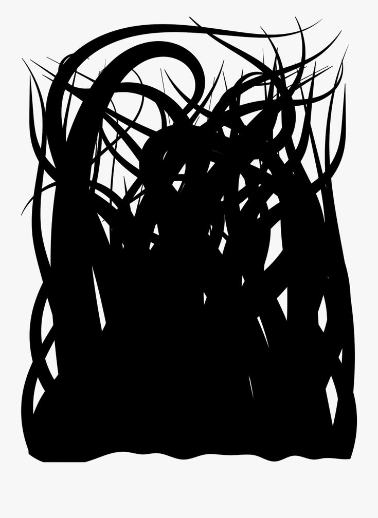 Abstract black silhouette of tangled organic lines and curves on white background.