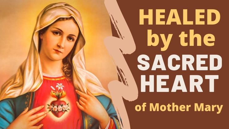 Virgin Mary with Sacred Heart exposed, hands gesturing devotion, golden halo, traditional Catholic devotional art.