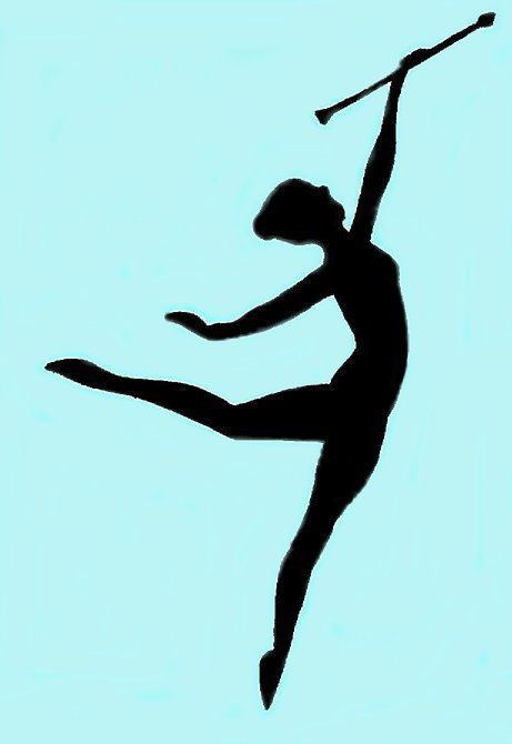 Silhouette of a ballet dancer in arabesque pose holding a baton against light blue background.