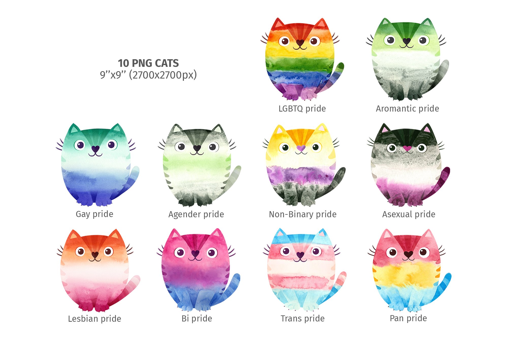 Ten watercolor cats representing LGBTQ+ pride flags, each labeled with identity (e.g., Gay, Bi, Trans, Asexual, Pan, etc.).