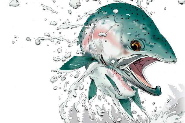 A dynamic illustration of a leaping salmon breaking through water, mouth open, with detailed scales and splashing droplets.