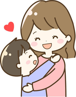 A smiling mother warmly hugs her child, with a red heart symbolizing love and affection.