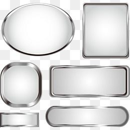 Six glossy metallic label templates in oval, square, and rectangular shapes on transparent background.