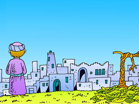 A child in a purple robe and turban gazes at an ancient stone city with arched buildings and a leafless tree under a clear blue sky.
