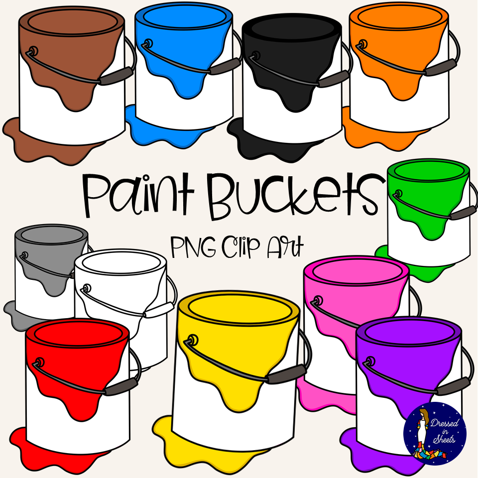 Colorful paint buckets with dripping paint in brown, blue, black, orange, green, gray, white, red, yellow, pink, and purple-PNG clip art.
