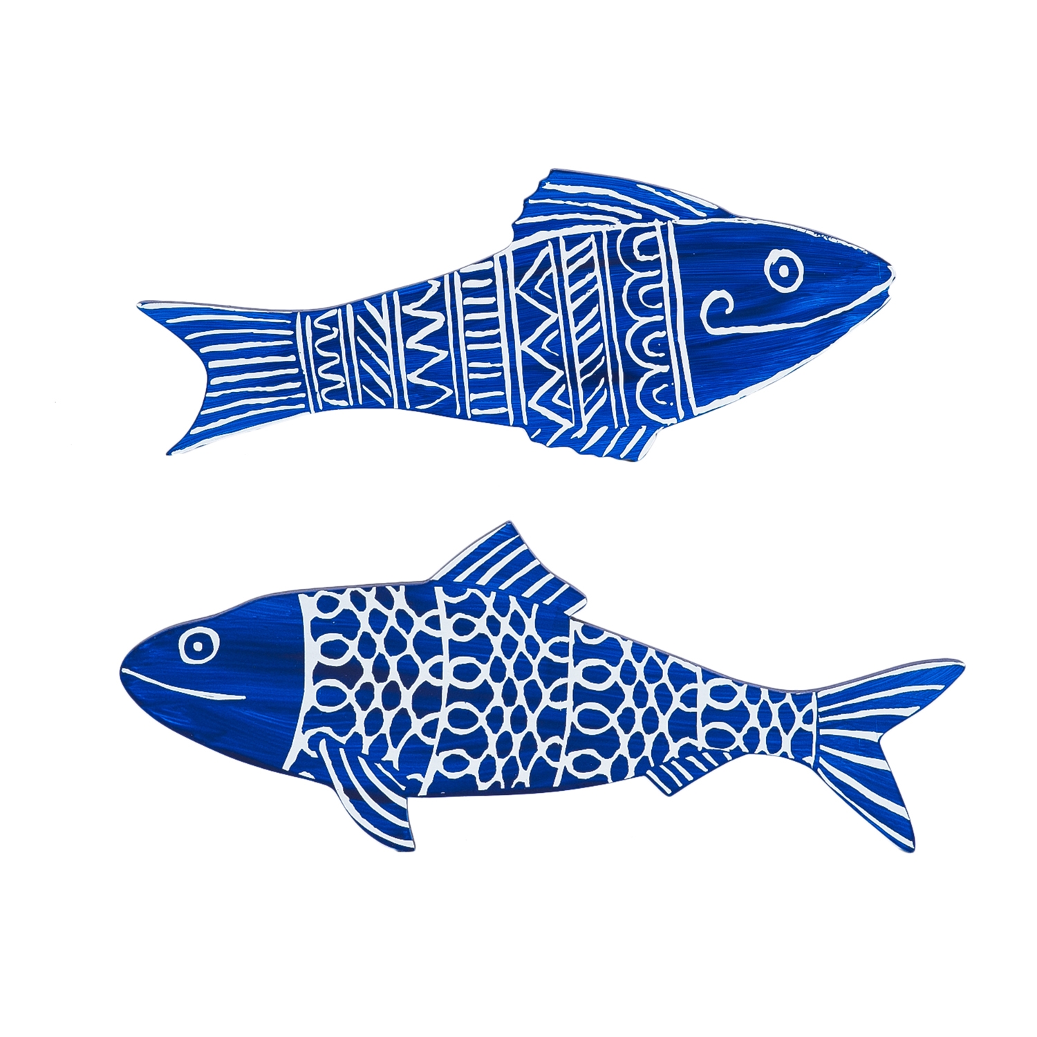 Two stylized blue fish with white geometric and scale patterns, facing opposite directions on a white background.
