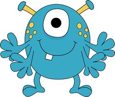 Friendly blue one-eyed cartoon monster with yellow antennae and smiling expression.
