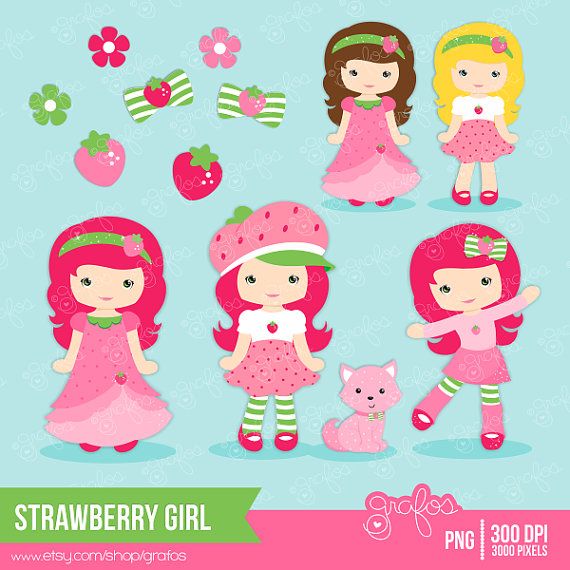 Strawberry Girl clipart set featuring cute cartoon girls, strawberries, flowers, bows, and a pink cat on light blue background.