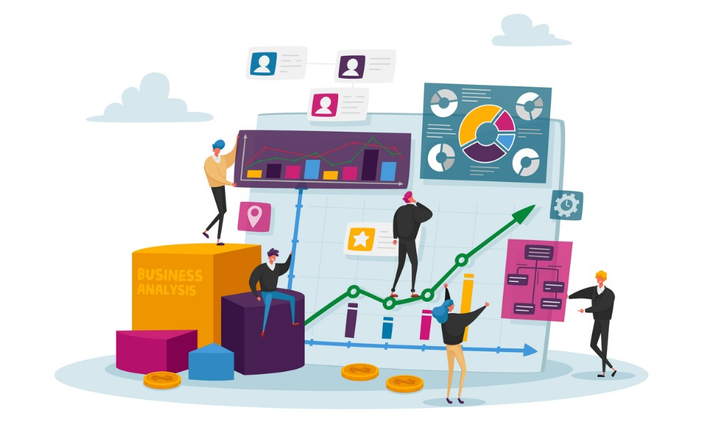 Illustrated team collaborating on business analytics dashboards, charts, and growth metrics.