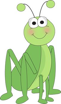 Friendly green cartoon grasshopper with large eyes and antennae, smiling and sitting upright.