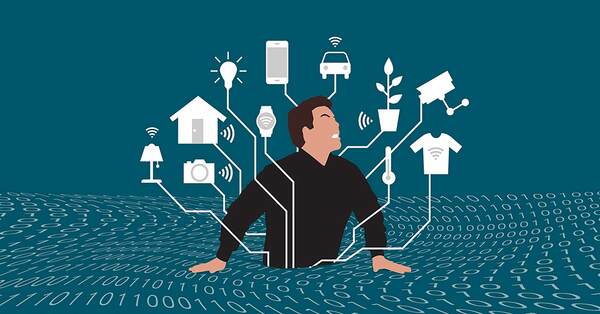 A person surrounded by connected smart devices and binary code, symbolizing IoT integration and digital immersion.