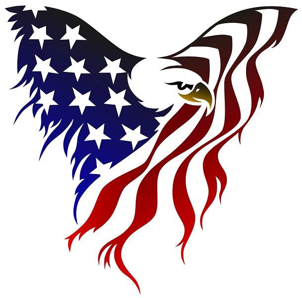 Patriotic bald eagle with wings formed by American flag stars and stripes, symbolizing U.S. pride and freedom.