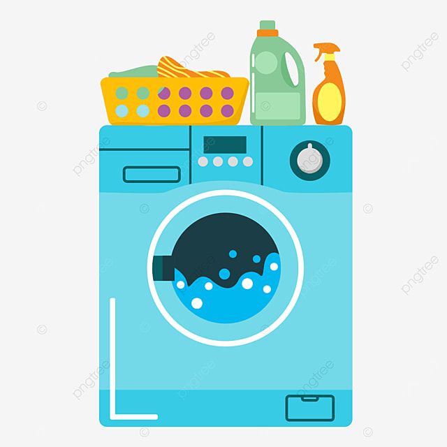 Blue front-loading washing machine with laundry basket, detergent, and spray cleaner on top.
