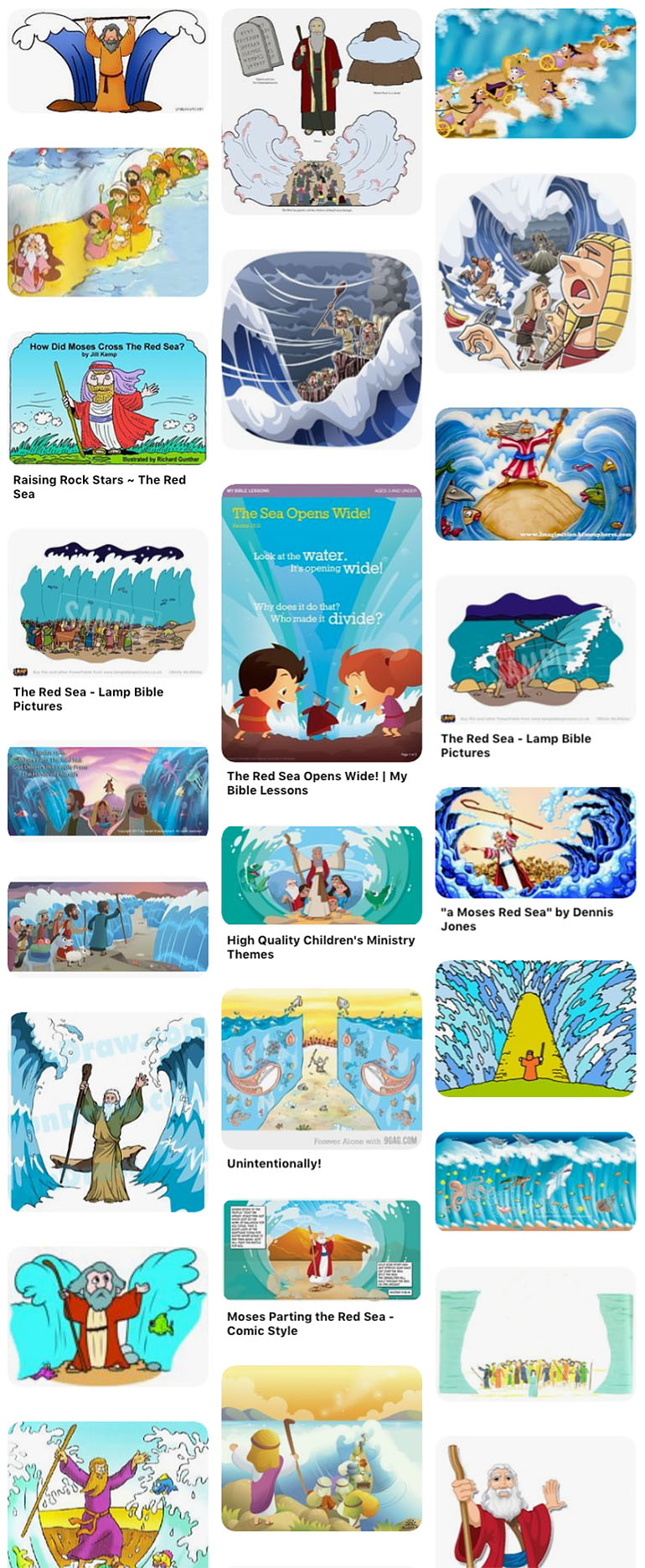 Collection of illustrated Bible scenes depicting Moses parting the Red Sea for the Israelites' escape from Egypt.
