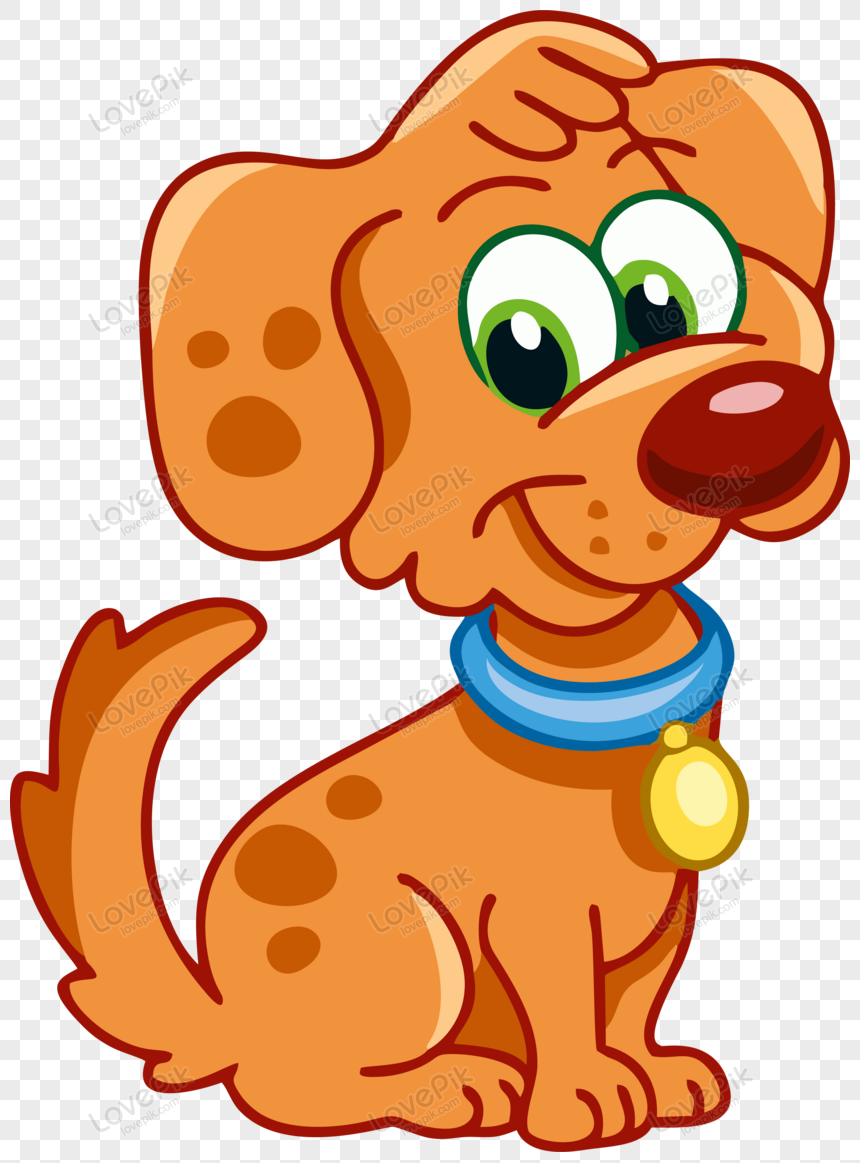 Cute cartoon brown puppy with green eyes, blue collar, and gold tag, sitting and smiling.