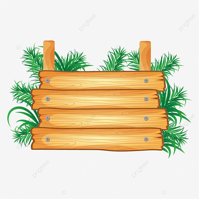 Wooden signboard with four planks and green foliage, cartoon-style illustration.
