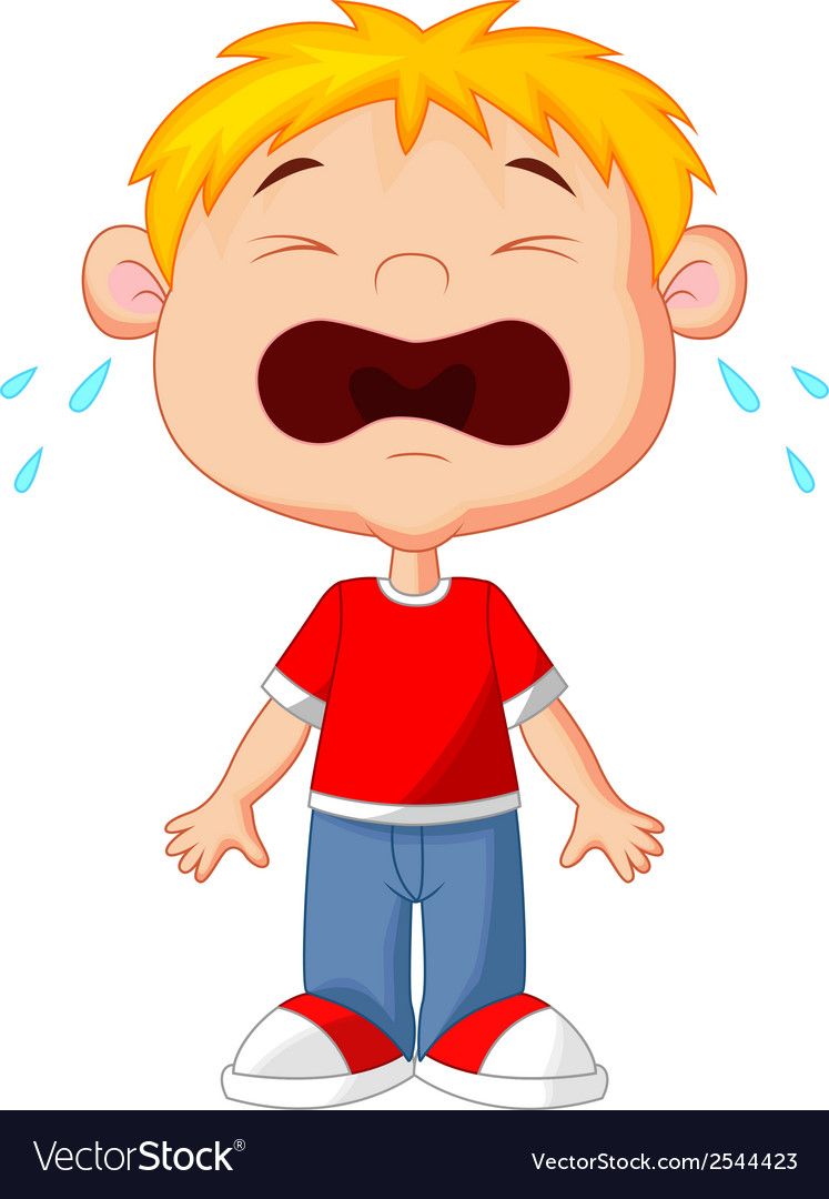 Crying cartoon boy with blonde hair, red shirt, blue pants, and tears streaming down his face.