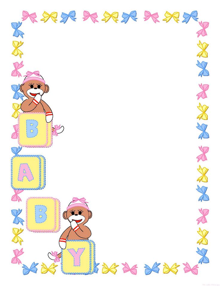 Baby-themed border with sock monkeys, colorful bows, and alphabet blocks spelling "BABY".