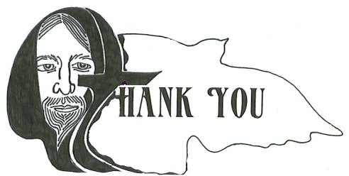 Stylized black-and-white illustration of a bearded figure with long hair and a hood, alongside the text "THANK YOU" in bold serif font.
