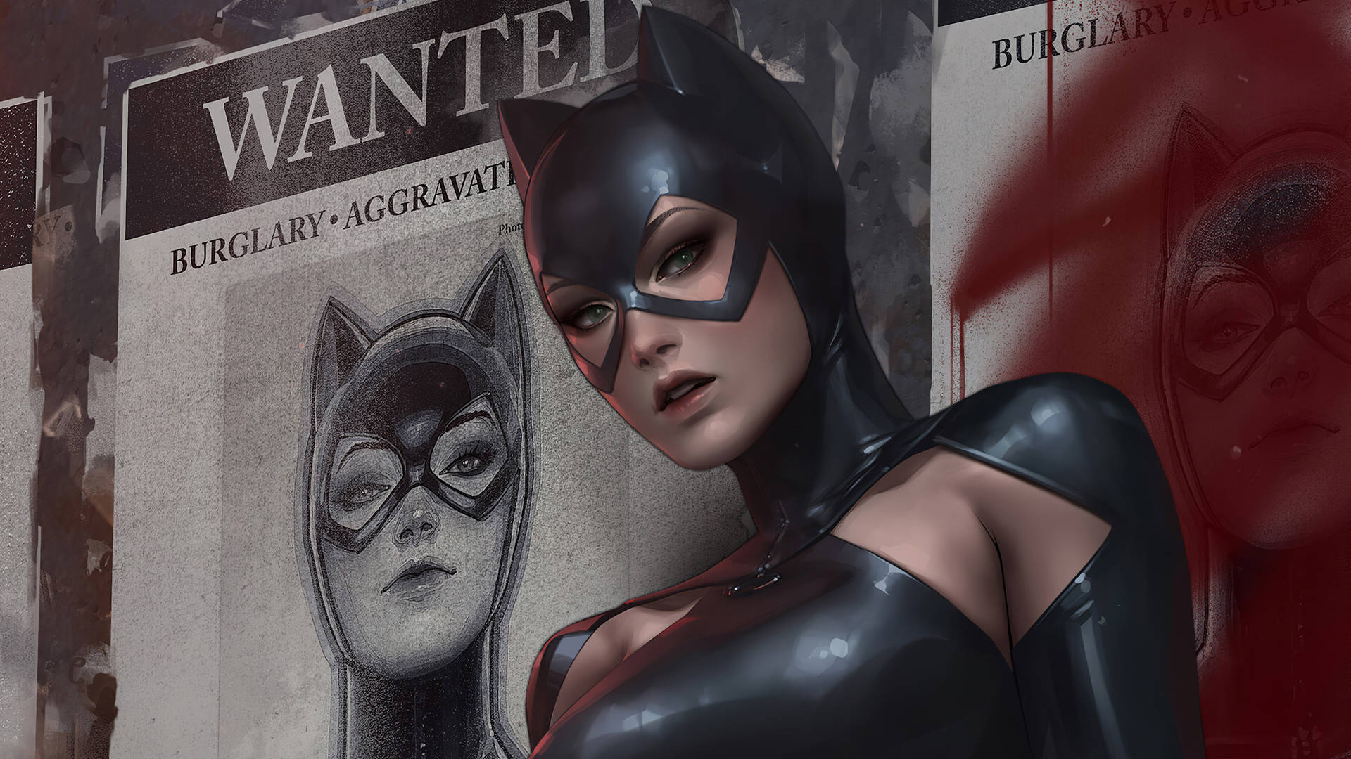 Catwoman in sleek black suit poses before wanted posters with red spray paint accents.