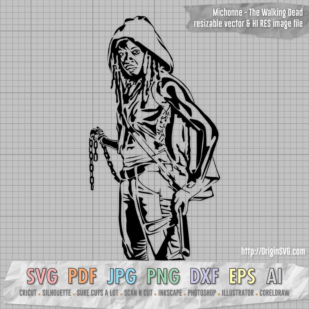 Michonne from The Walking Dead, stylized vector silhouette holding a chain and sword, hooded and ready for action.