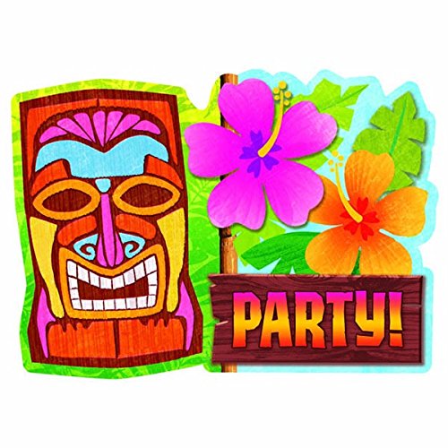 Colorful tropical tiki mask and hibiscus flowers with a "PARTY!" sign for luau or Hawaiian-themed celebration.