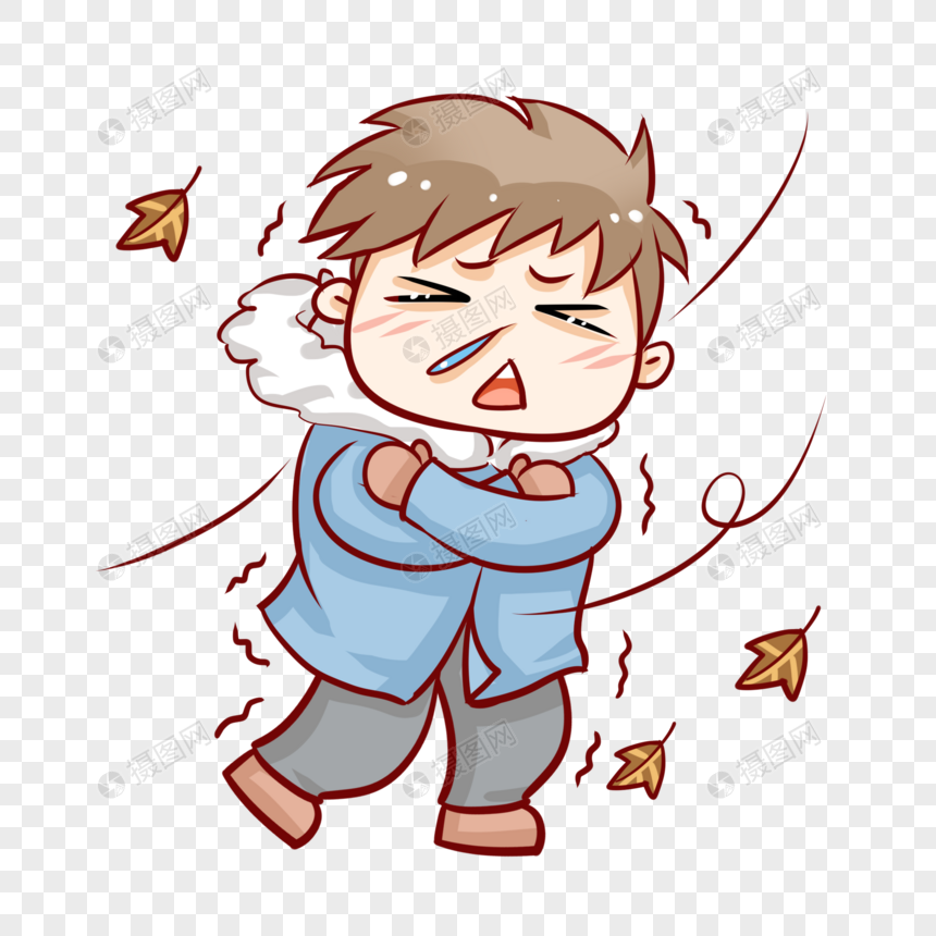 A cartoon boy shivering in cold wind with autumn leaves swirling around him, wearing a blue coat and hugging himself.