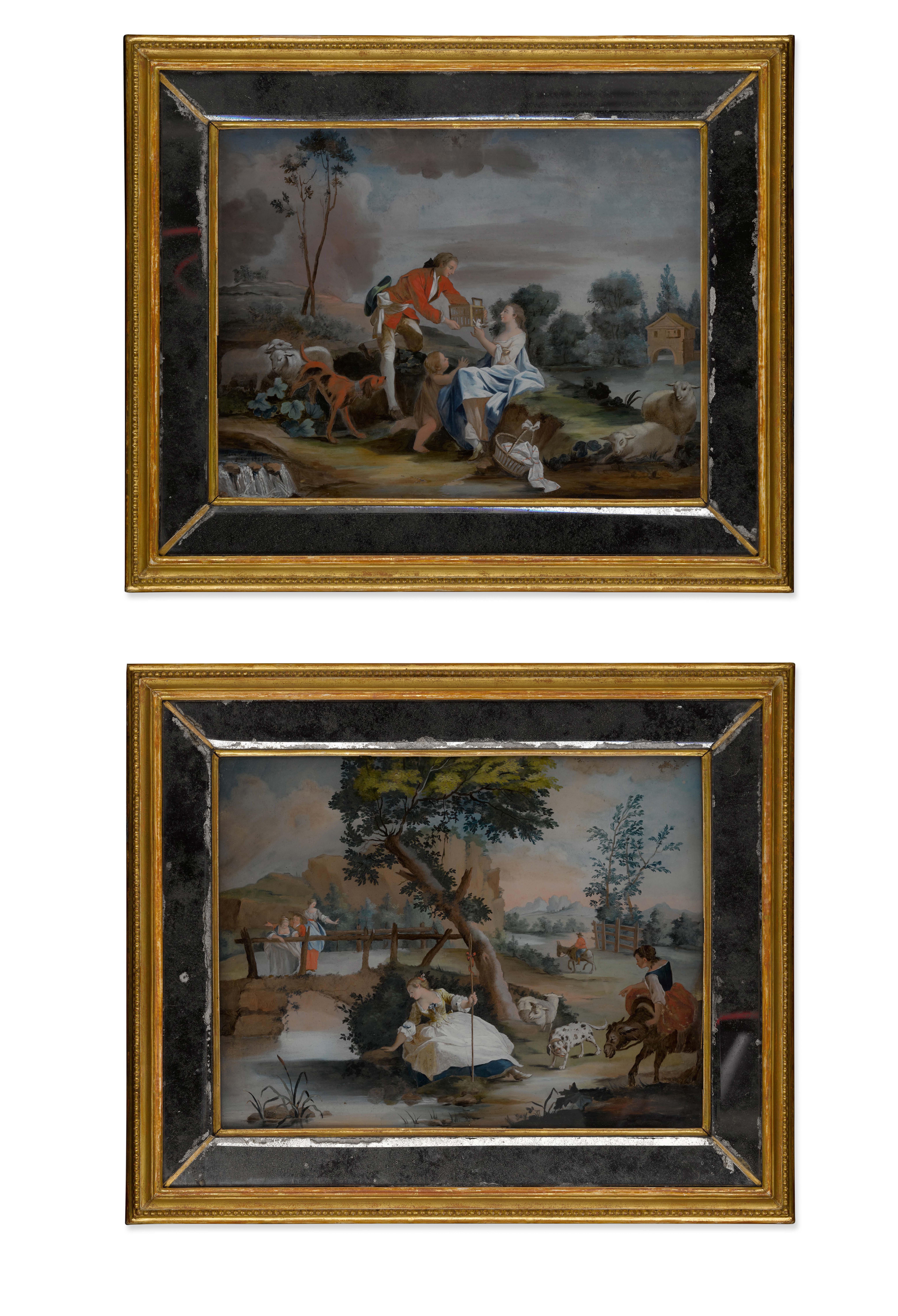 Two 18th-century reverse-painted glass panels in gilded frames depicting pastoral scenes with figures, sheep, and dogs.