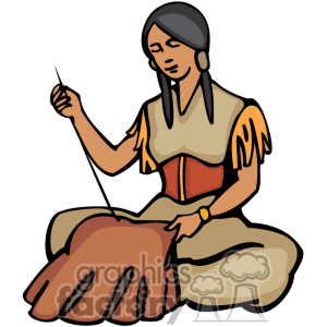 Indigenous woman in traditional attire sewing with needle and thread while seated cross-legged.