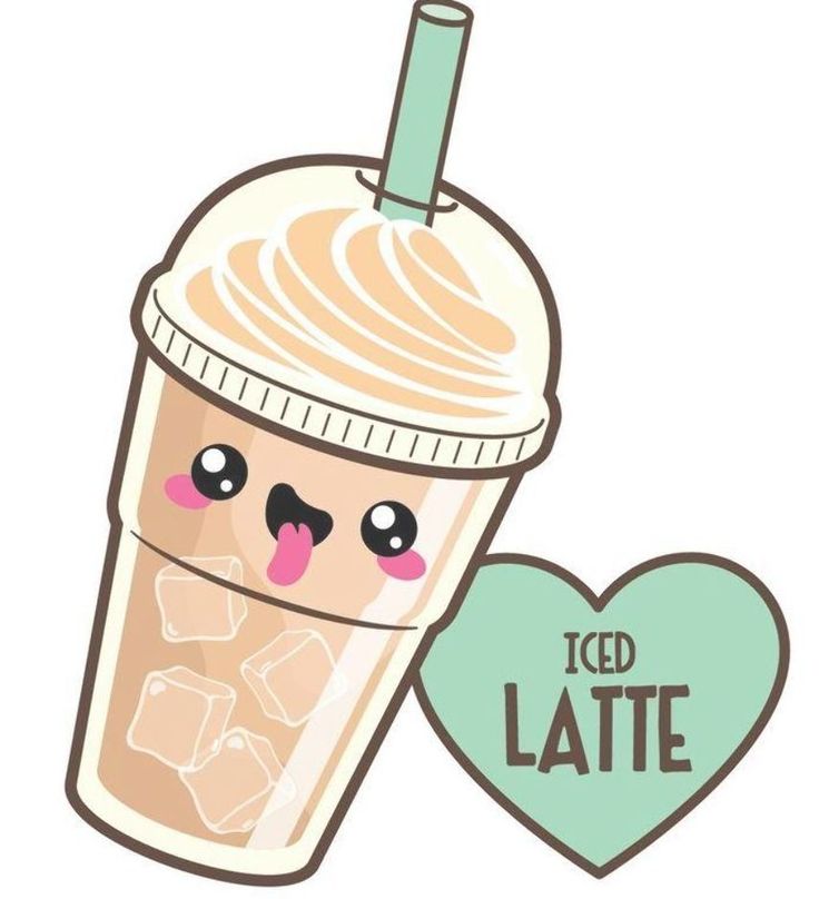 Cute kawaii-style iced latte with face, straw, ice cubes, and heart label saying "ICED LATTE".