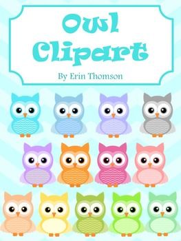 Colorful cartoon owl clipart set by Erin Thomson, featuring 12 owls in pastel shades arranged in three rows.